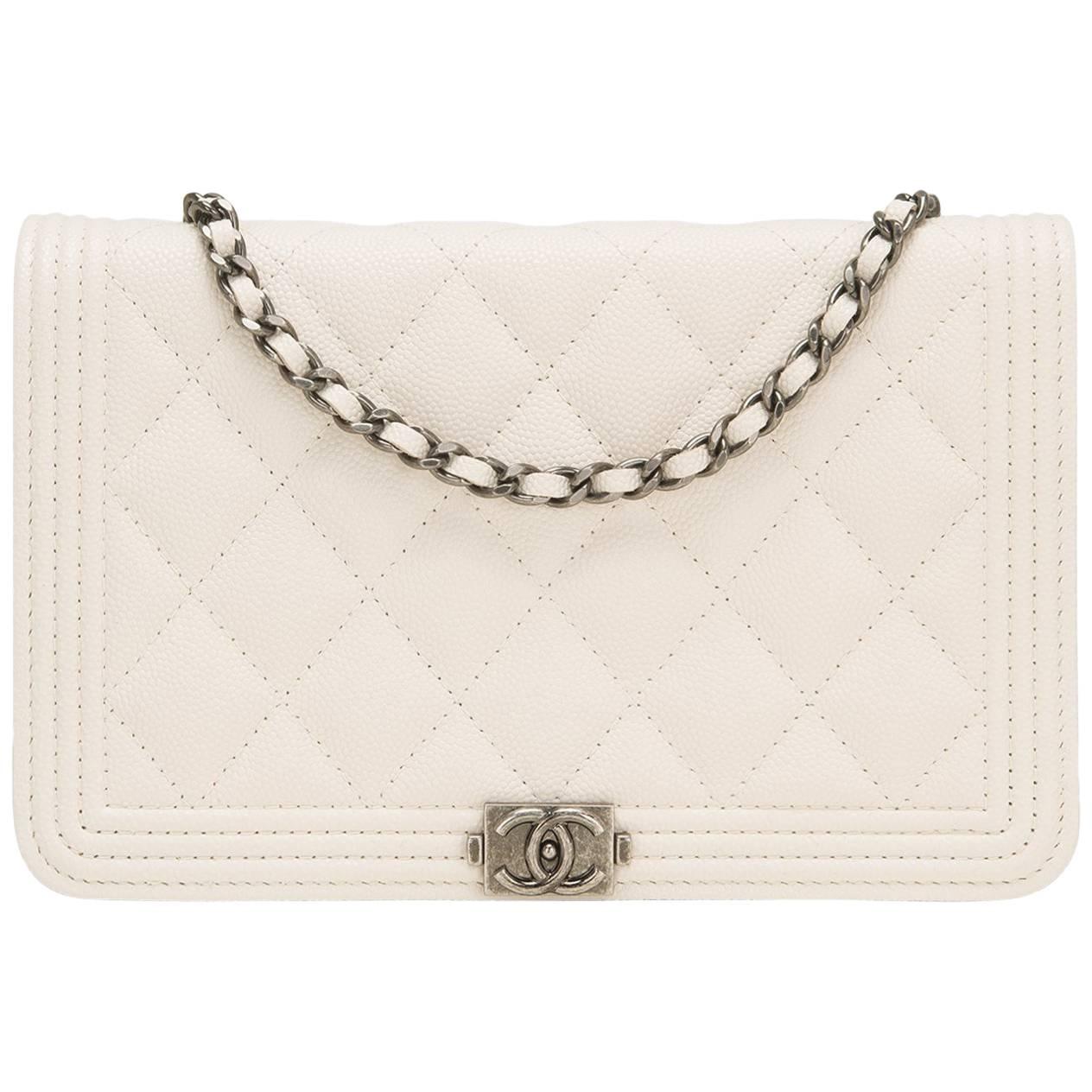 Chanel Ivory Quilted Caviar Boy Wallet On Chain (WOC)