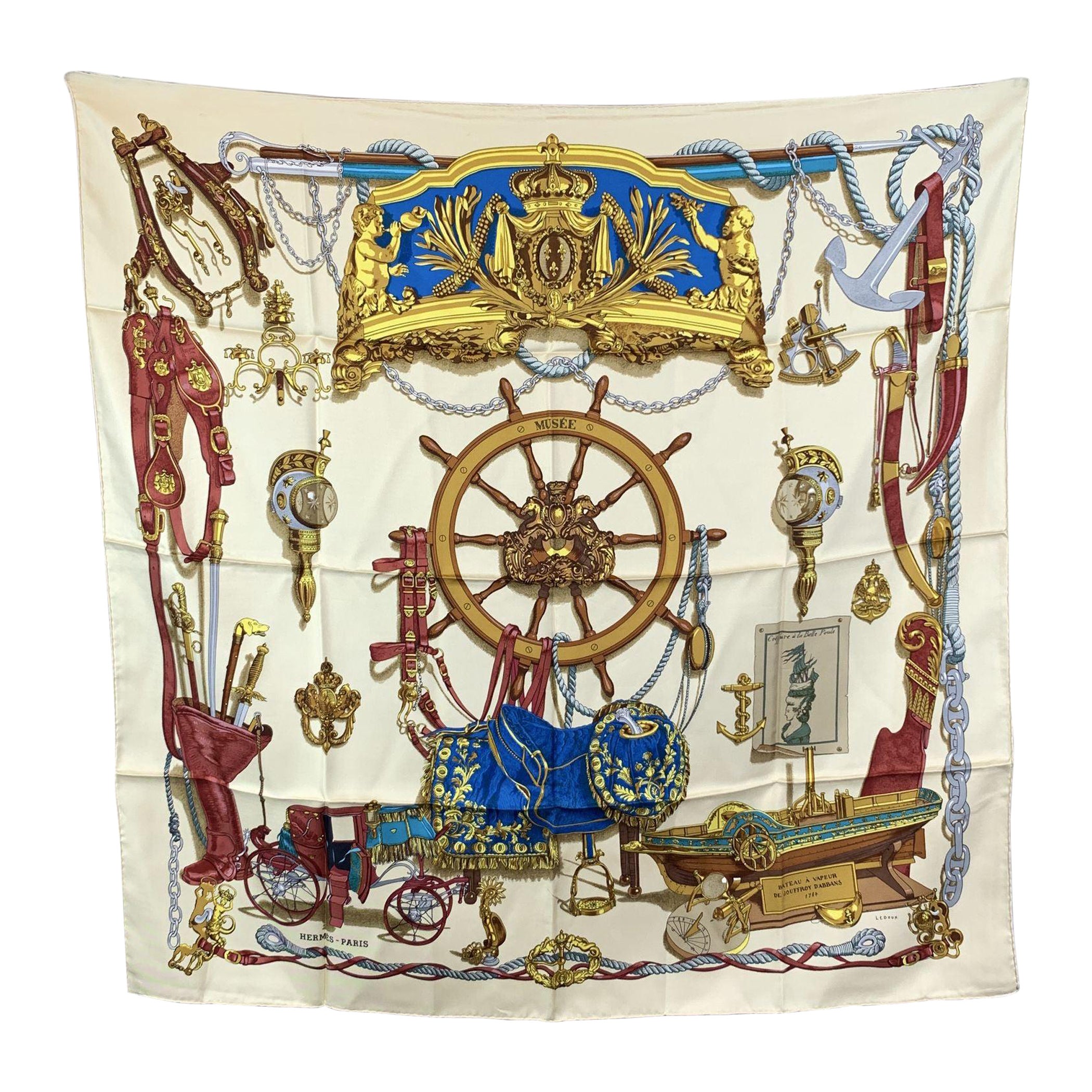 Hermes Paris Vintage Beige Silk Scarf Musee 1962 Philippe Ledoux For Sale