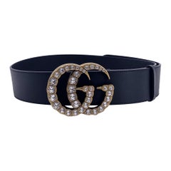 Gucci Black Leather Marmont Wide Belt with Crystal GG Buckle 110/44