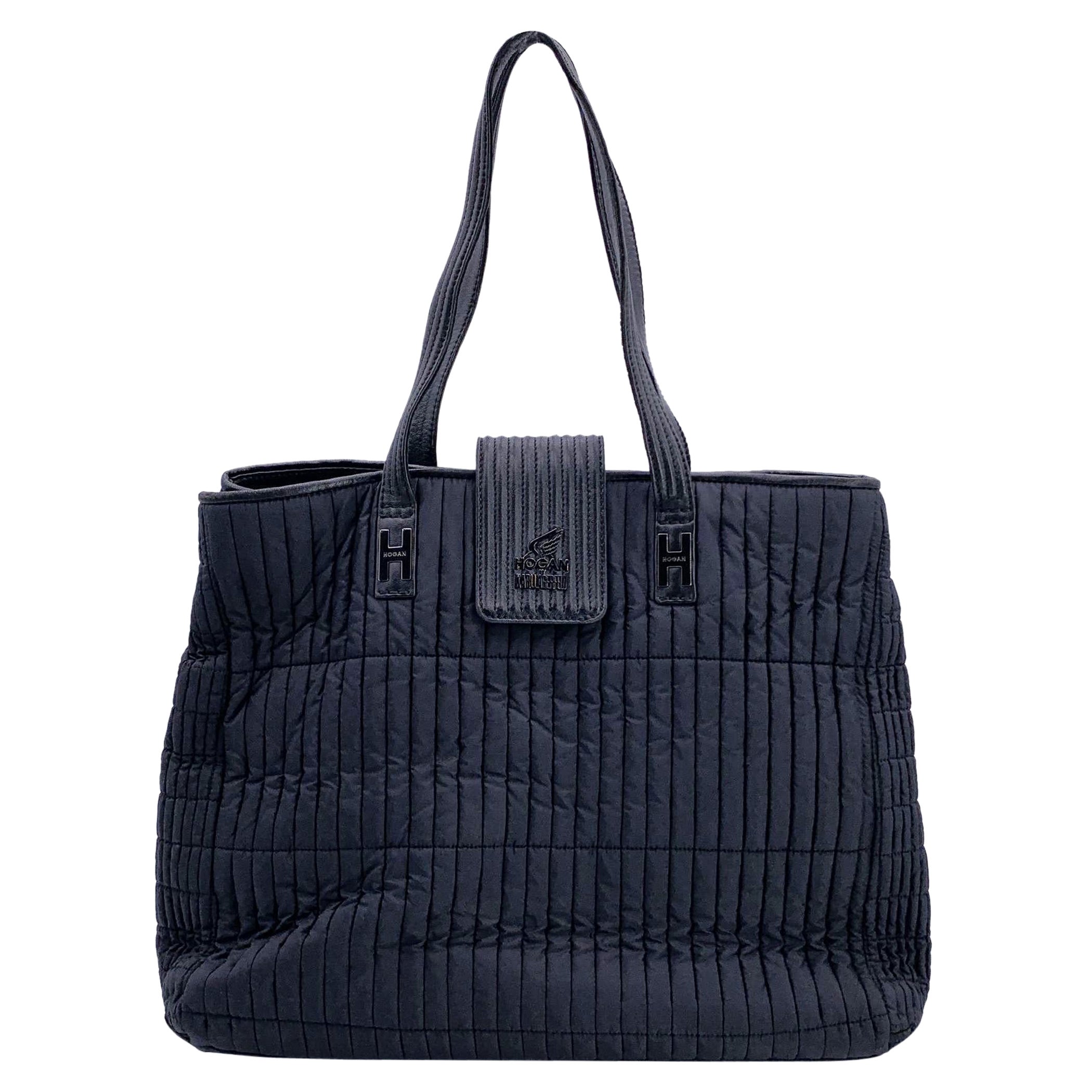 Hogan by Karl Lagerfeld Black Nylon Kushion Shoulder Bag Tote For Sale