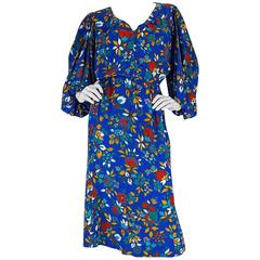 1980s Yves Saint Laurent Bright Floral Print Blue Silk Dress 6