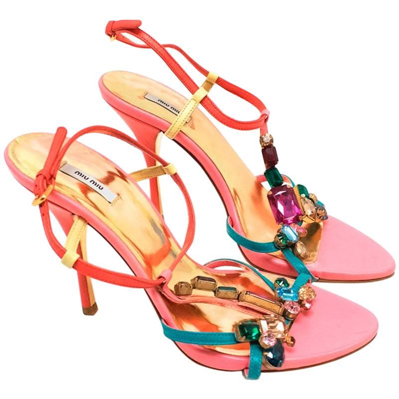 Miu Miu Pink Jewelled Heeled Sandals For Sale
