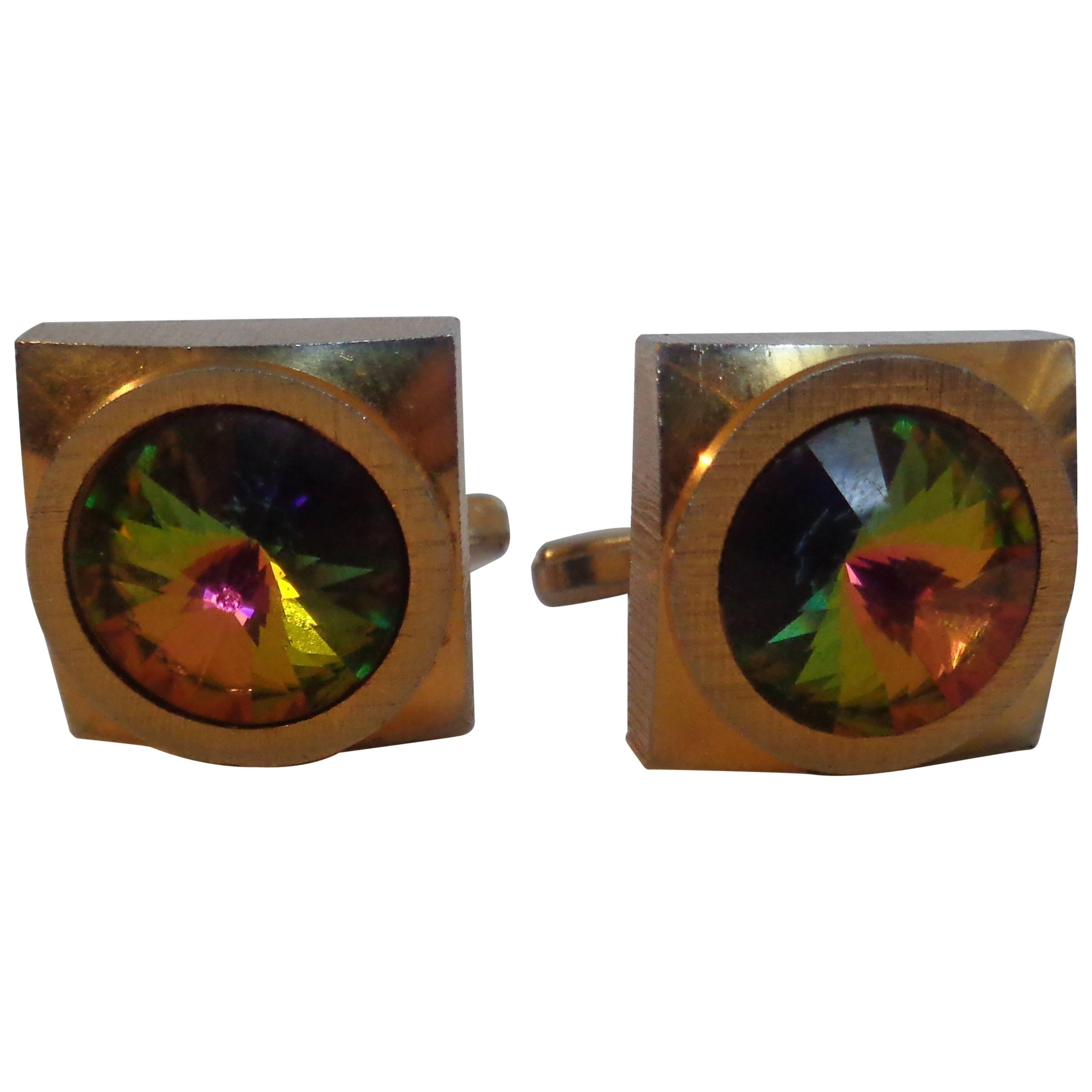 1980s Gold tone Green stone Cufflink For Sale