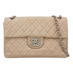 Chanel Classic Flap Maxi Beige Lambskin Leather Giant Siver-tone CC Logo