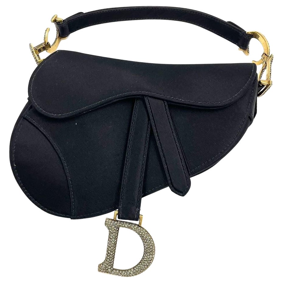 Dior Saddle Mini Silk Handbag Black with crystals For Sale
