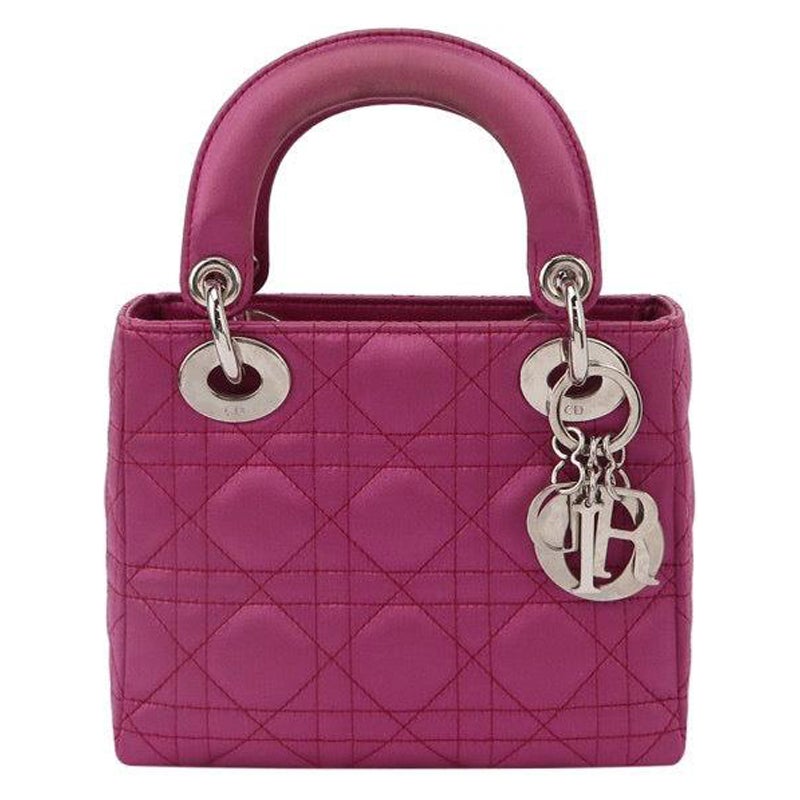 Lady Dior Mini Pink Silk with Silver Hardware For Sale
