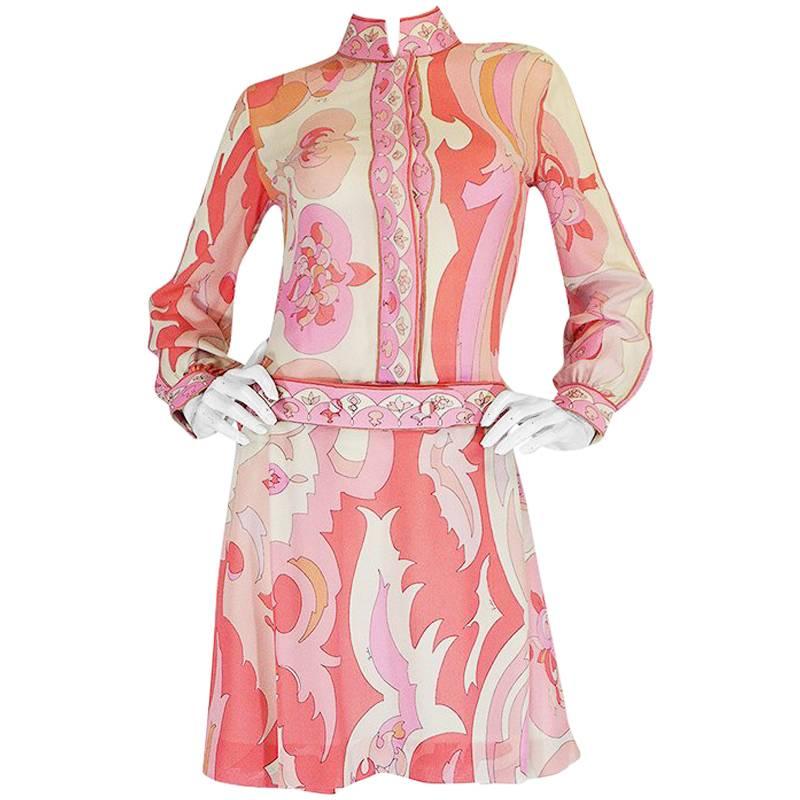 1960s Emilio Pucci Pink Silk Chiffon Print Dress & Belt