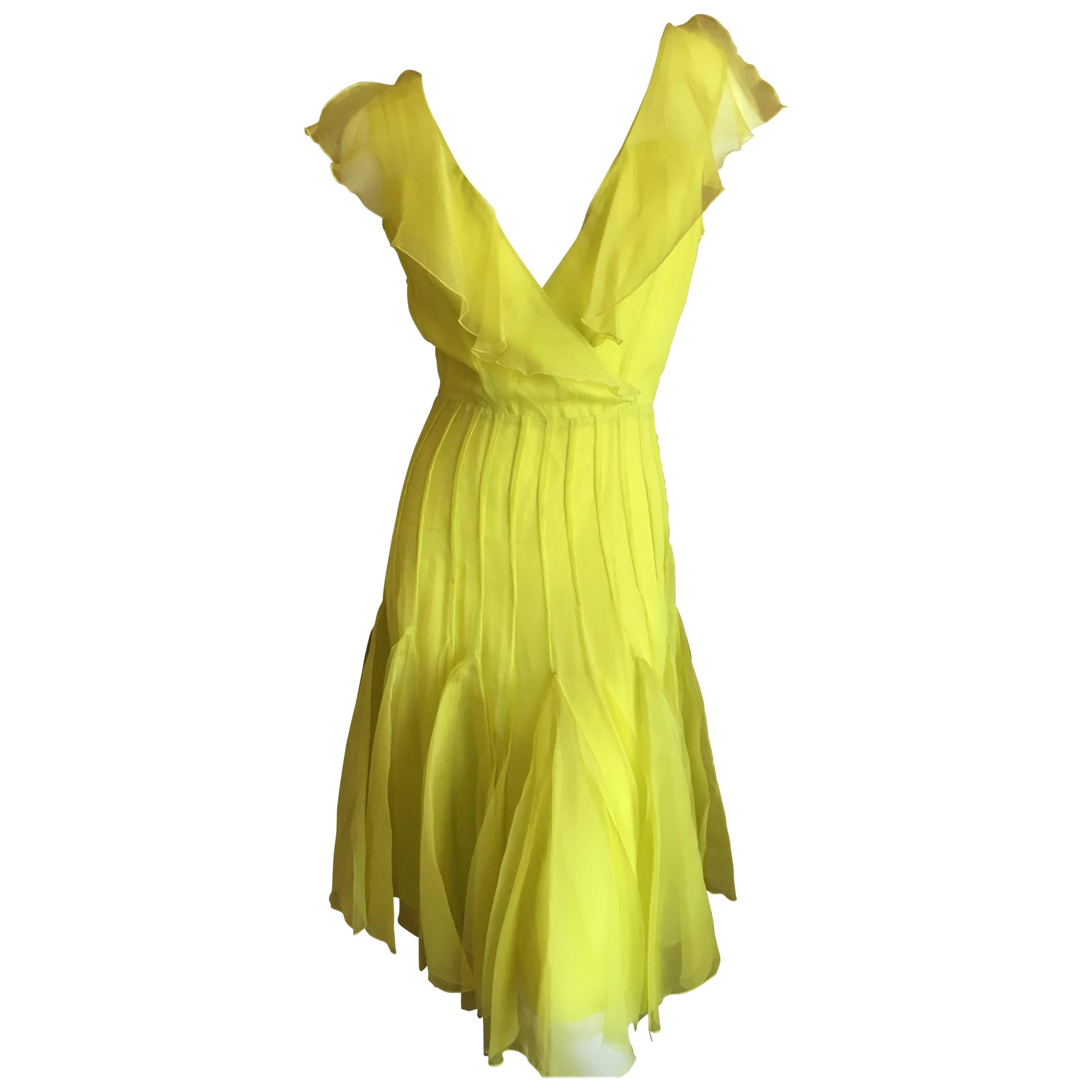 Oscar de la Renta Neon Green Silk Chiffon Low Cut Dress For Sale