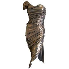 Loris Azzaro Couture 1970's Ruched Copper One Shoulder Cocktail Dress