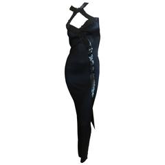 1970s Loris Azzaro Couture Sequin Accented Black Evening Bondage Dress