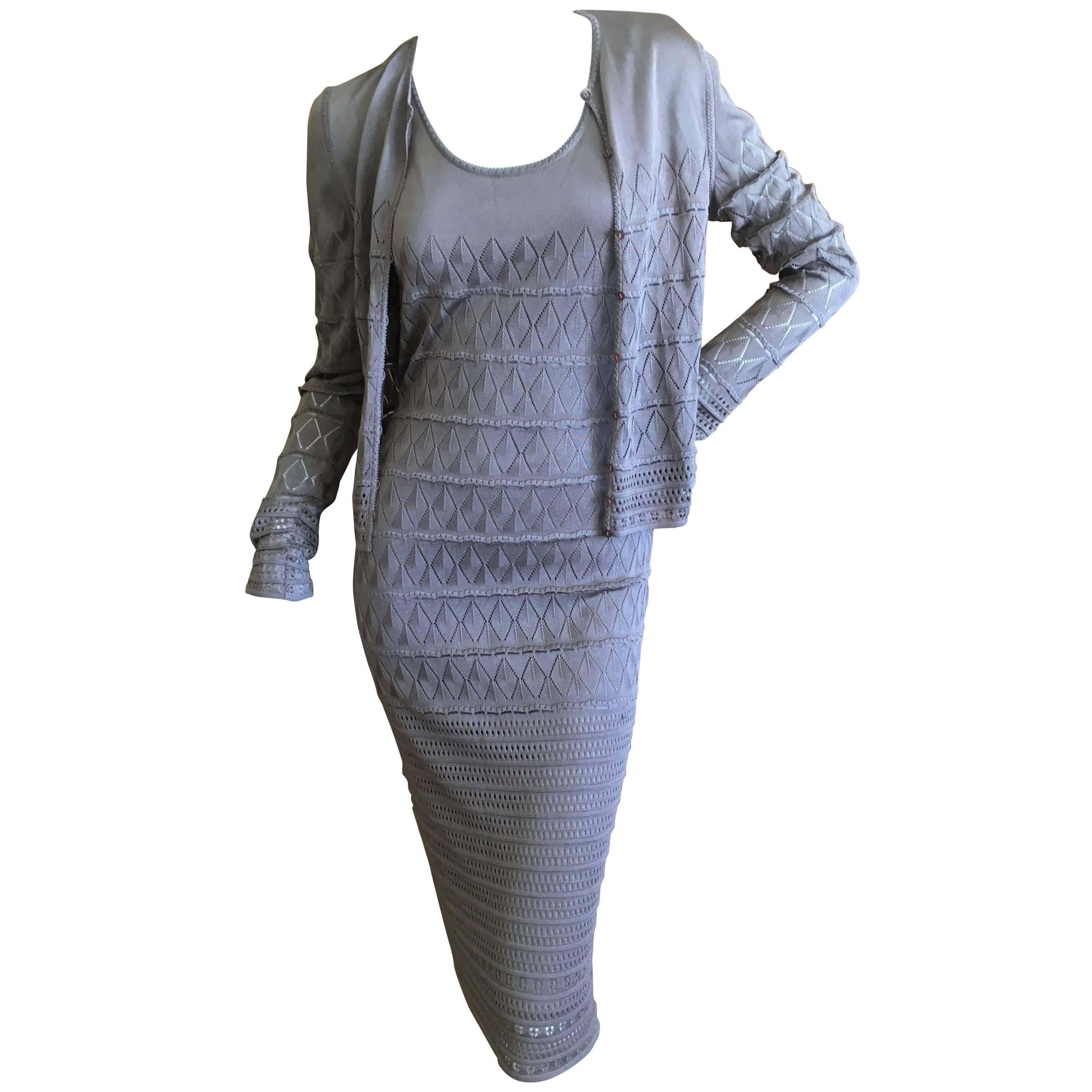 John Galliano f990's Gray Diamond Pattern Knit Dress with Matching Cardigan For Sale