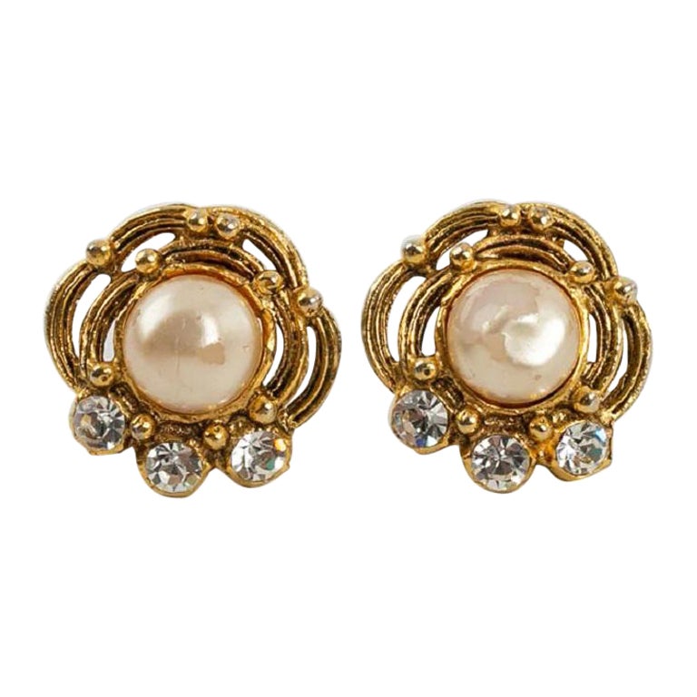 Chanel Baroque Clip-on Gilded Metal Earrings with Pearly Cabochon & Rhinestones For Sale