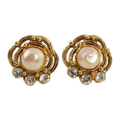 Vintage Chanel Baroque Clip-on Gilded Metal Earrings with Pearly Cabochon & Rhinestones