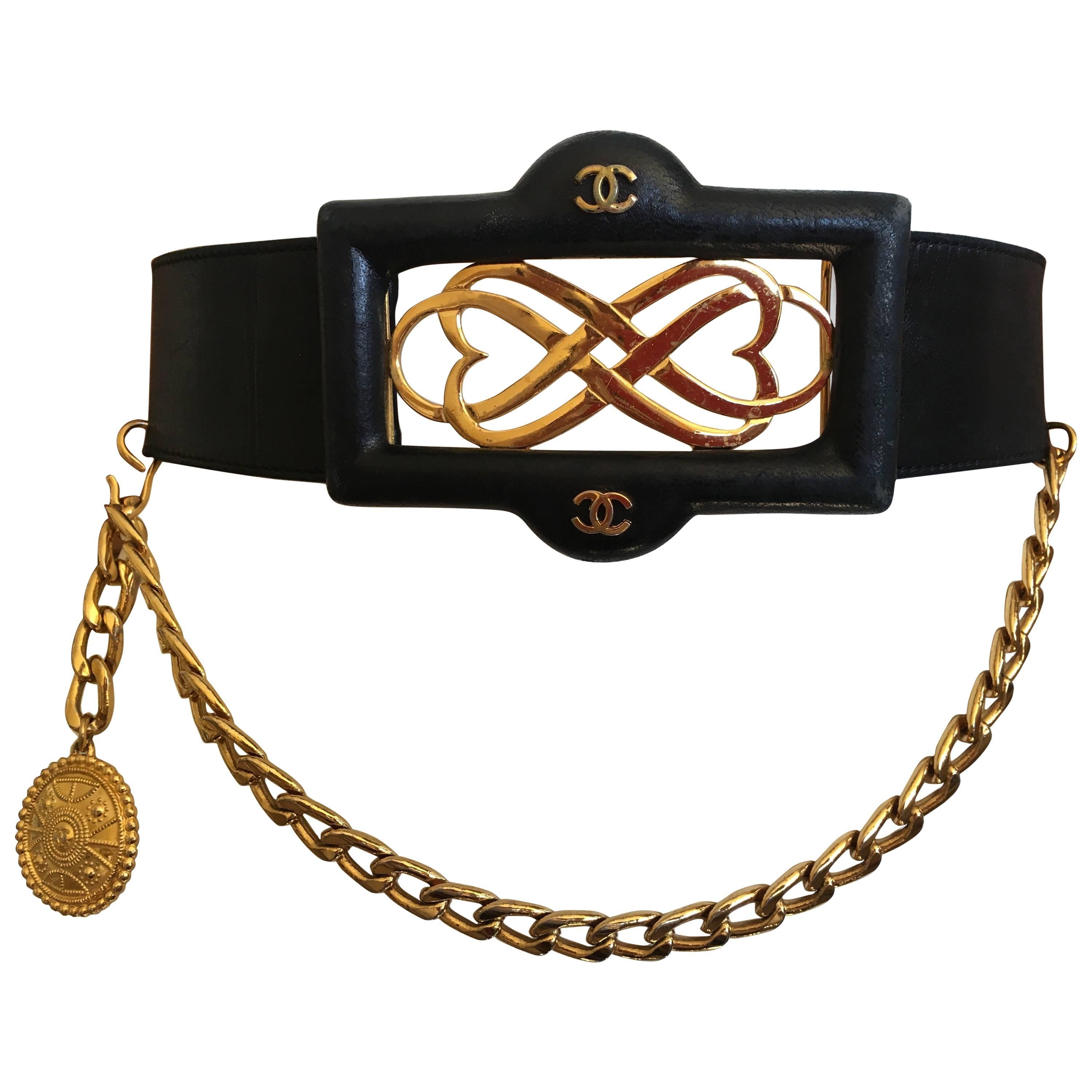 Chanel Vintage 1980's Wide Black Leather Belt with Chain