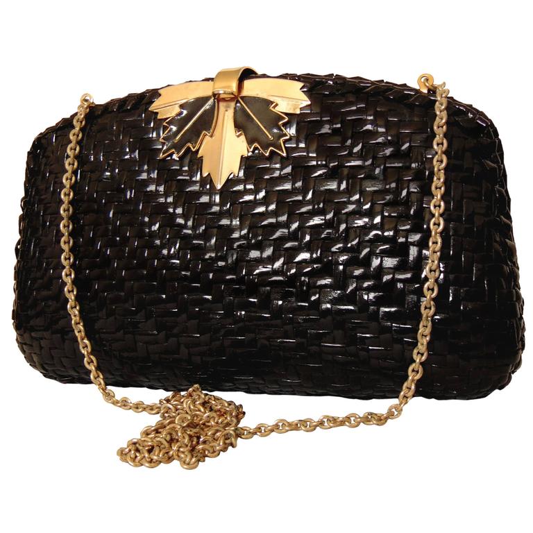 Rodo Italy Evening Bag Clutch with Gilt Metal Chain Black Wicker 1980s For Sale at 1stDibs
