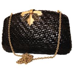 Rodo Italy Evening Bag Clutch with Gilt Metal Chain Black Wicker 1980s 6