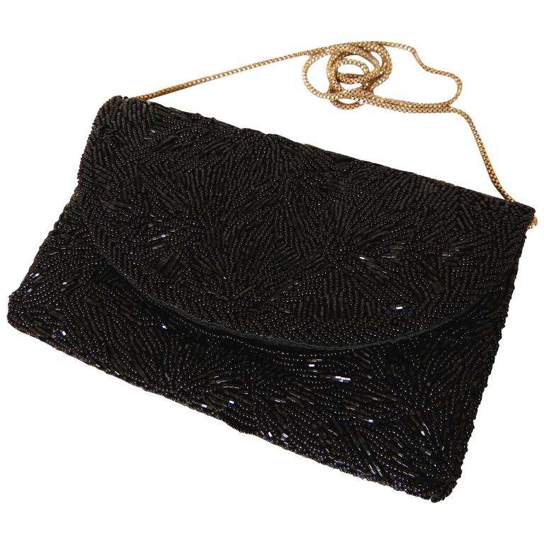 Black Jet Bead Evening Bag Envelope Clutch with Silver Box Chain 1960s For Sale at