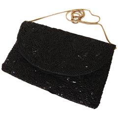 Walborg Black Jet Bead Evening Bag Envelope Clutch with Silver Box Chain 1960s 3