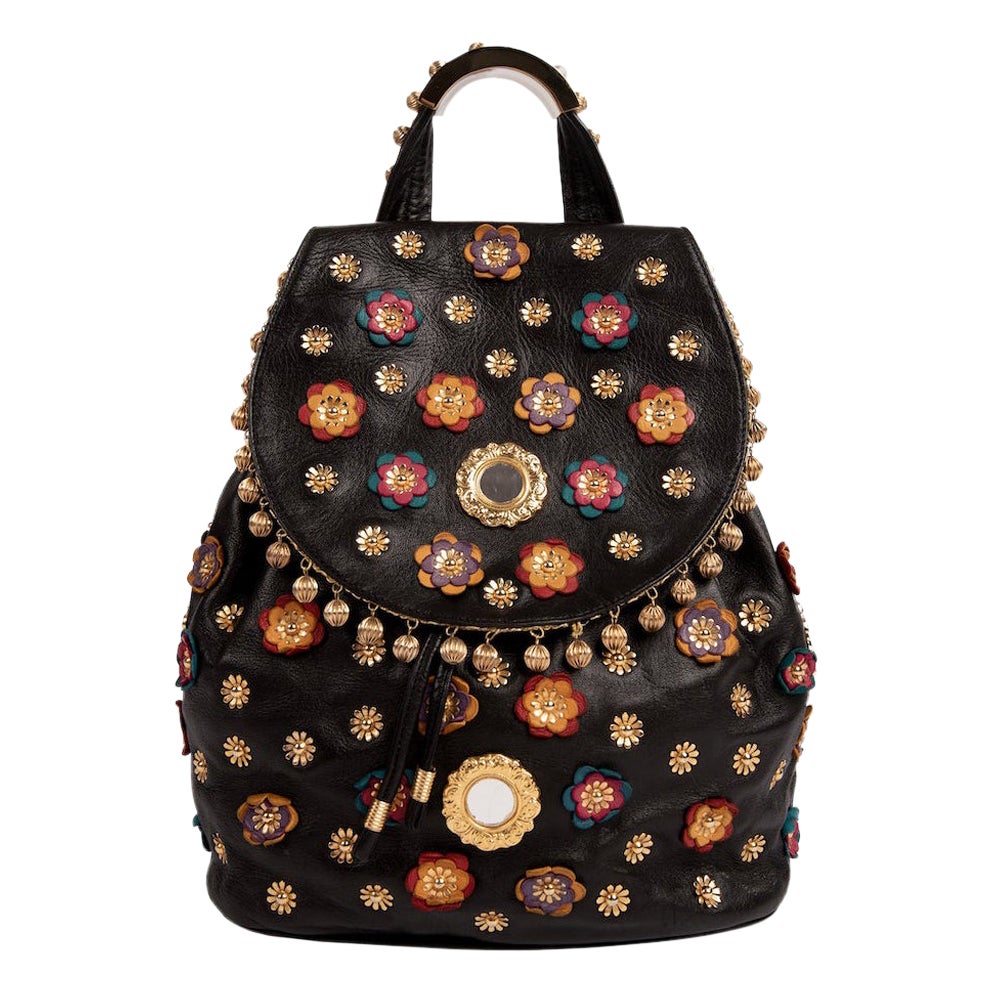 S/S 1991 MOSCHINO Redwall Documented Black Blossoms Appliquéd Leather Backpack