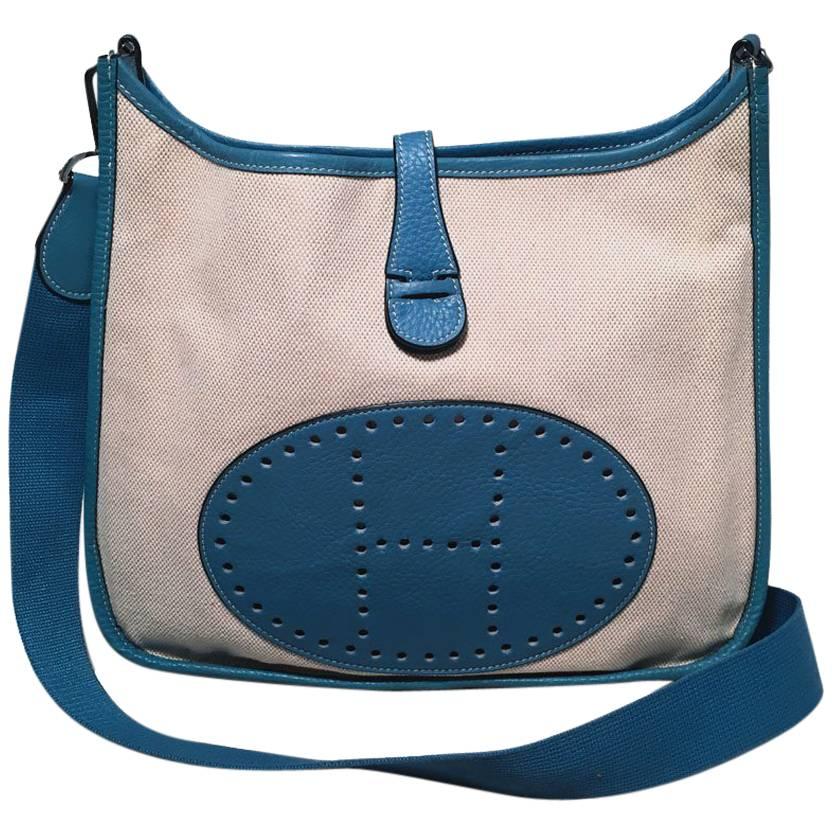 Hermes Toile Canvas and Blue Leather Medium Evelyne II PM Bag 