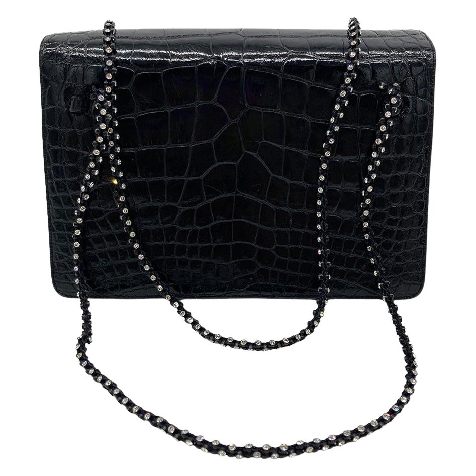 Judith Leiber Vintage Black Alligator Crystal Strap Evening Bag