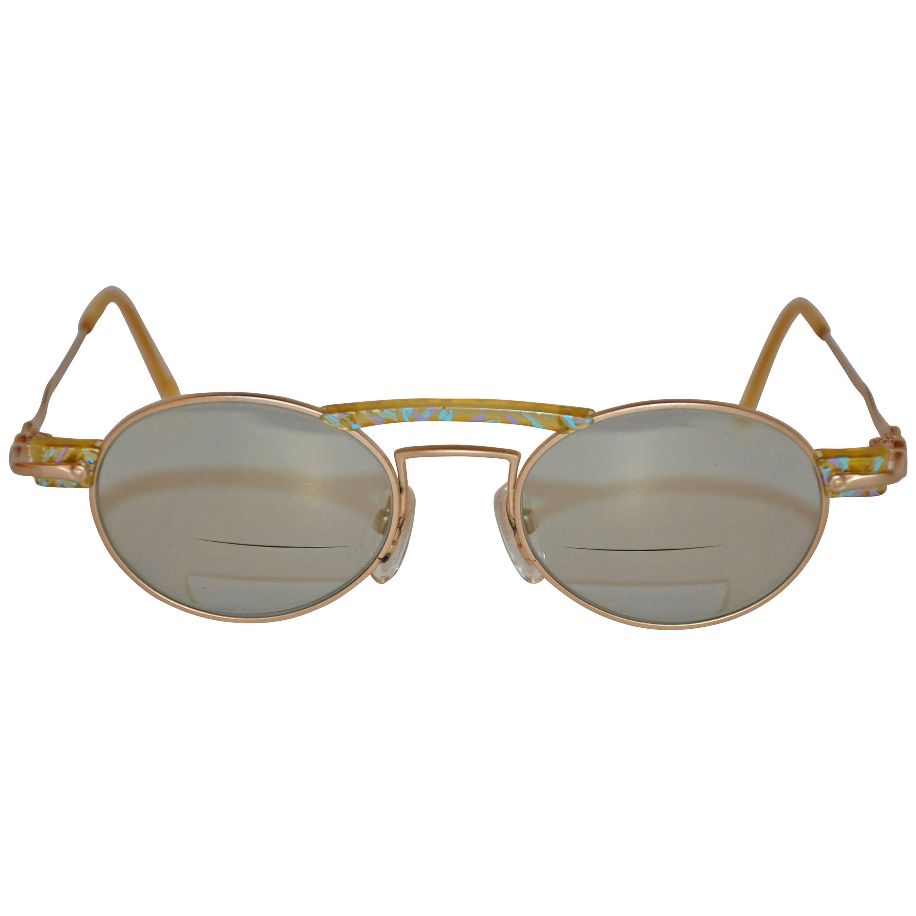 Kansai Yamamoto Matte Gold Tone with Multi-Color "Swirls" Sunglasses For Sale