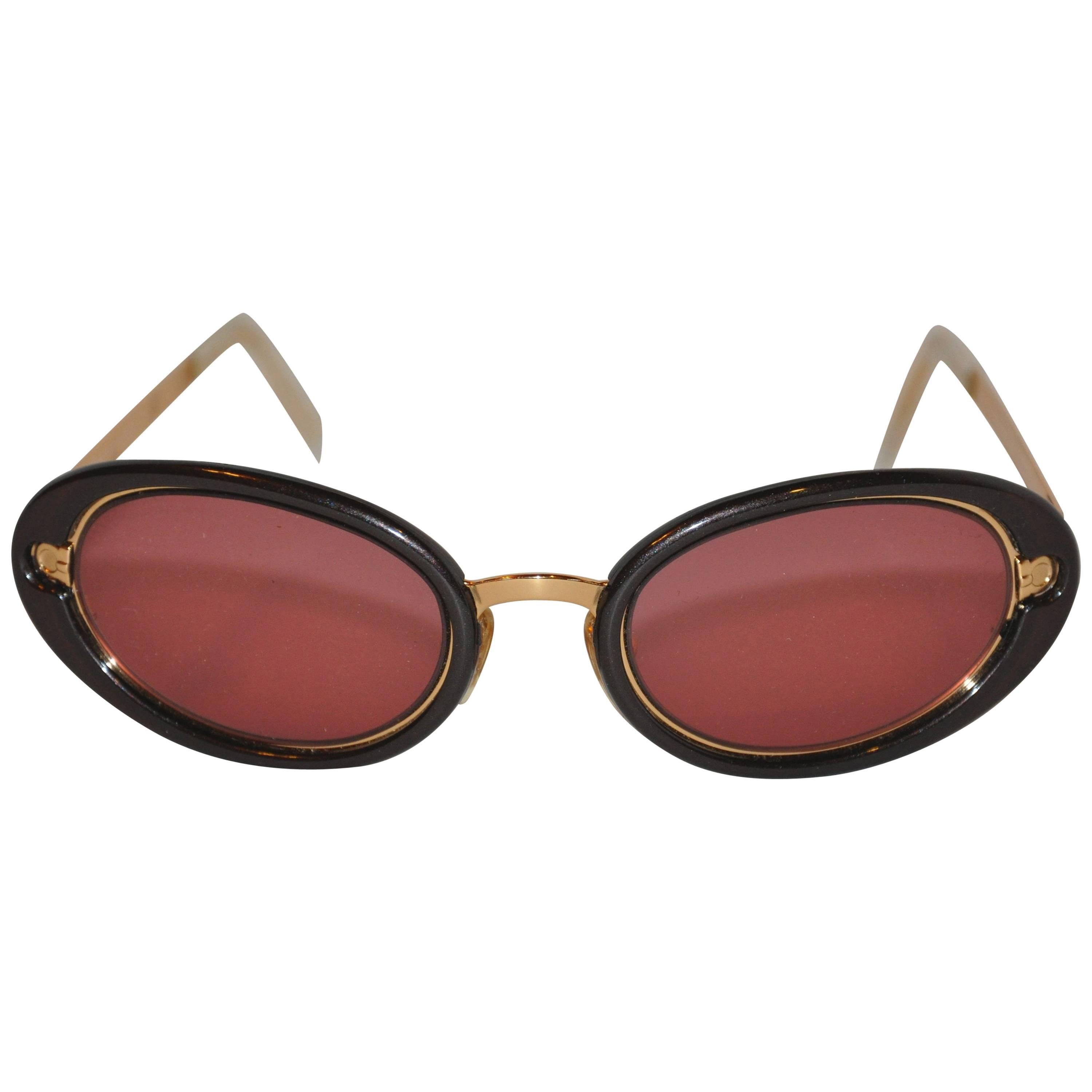 Salvador Ferragamo Gilded Gold Hardware with Black Lucite Sunglasses