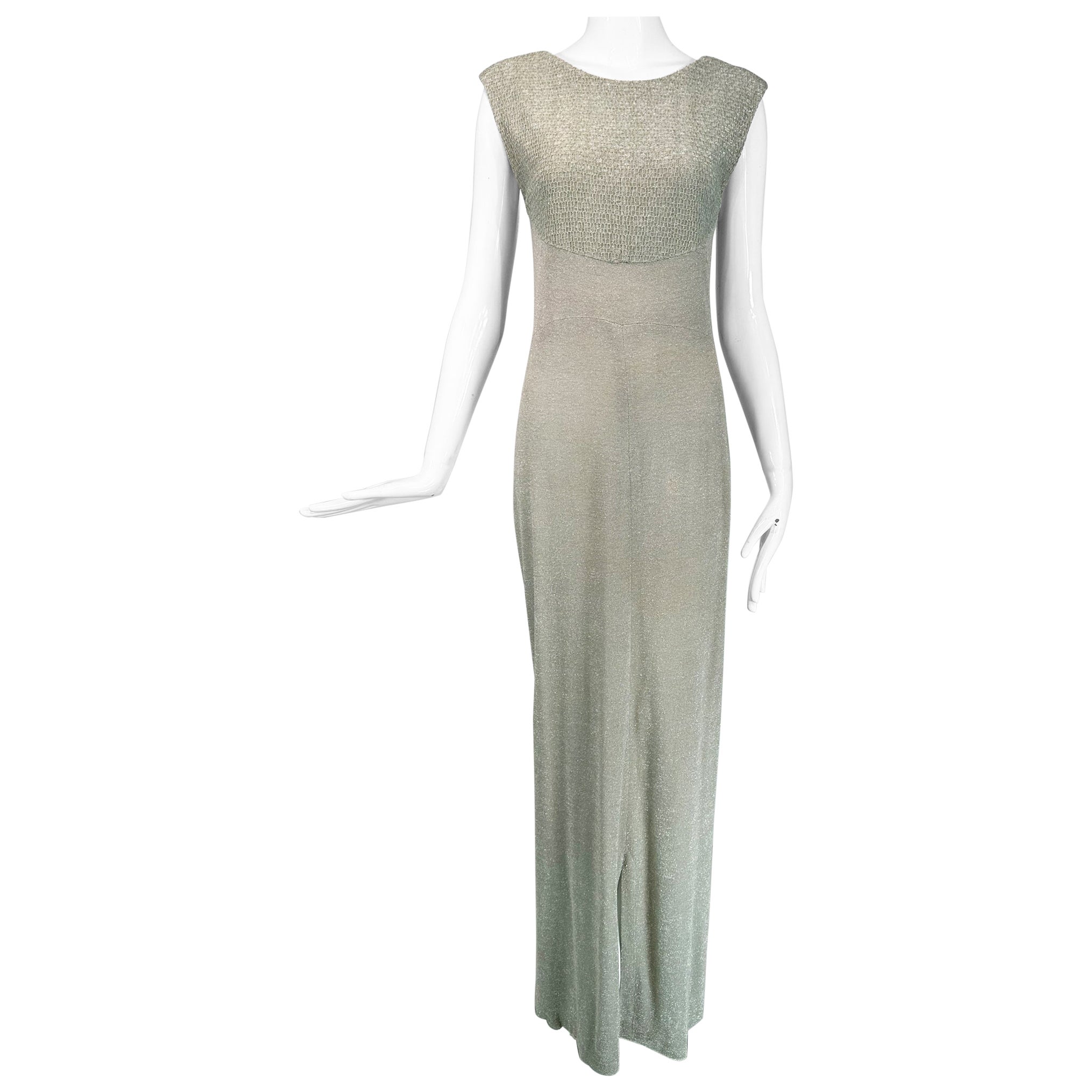 Chanel 2001C Pale Green Silver Metallic Gown with Fish Net Bodice & Hem 40 For Sale