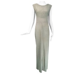 Chanel 2001C Pale Green Silver Metallic Gown with Fish Net Bodice & Hem 40