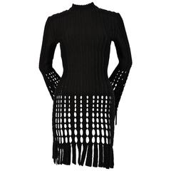 Vintage 1991 AZZEDINE ALAIA black and navy blue accented fringed mini dress 