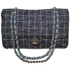 Chanel Blue Leather and Tweed Classic Flap Shoulder Bag