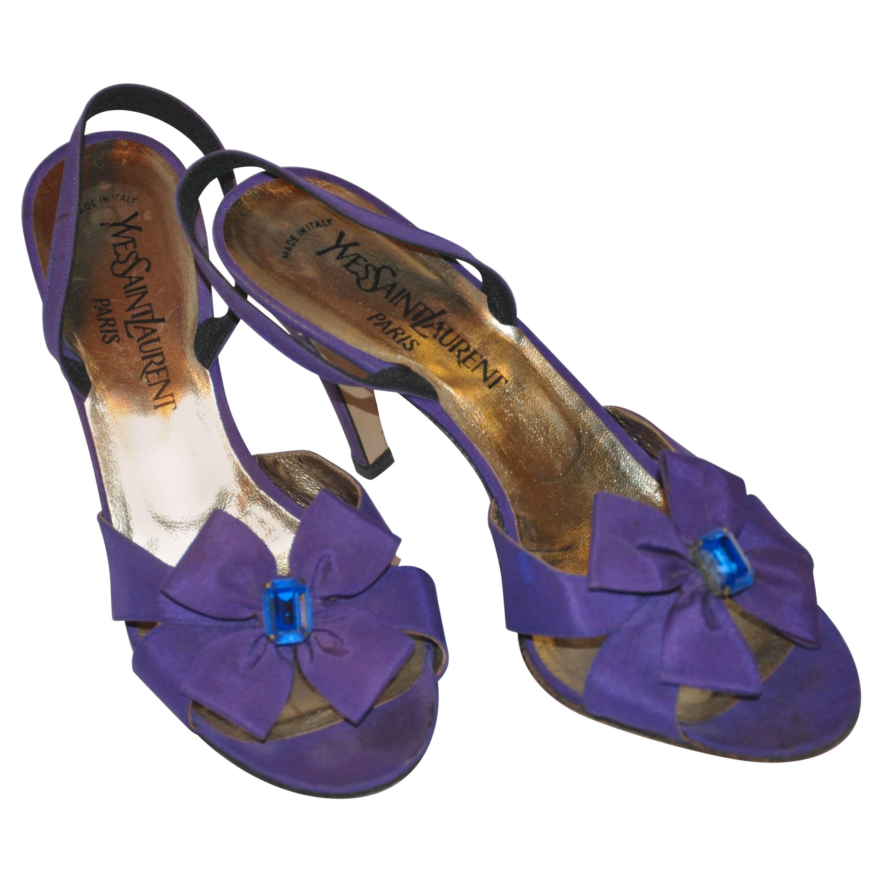 Yves Saint Laurent Violet Silk Satin Sling-Back "Bow" Evening Sandals