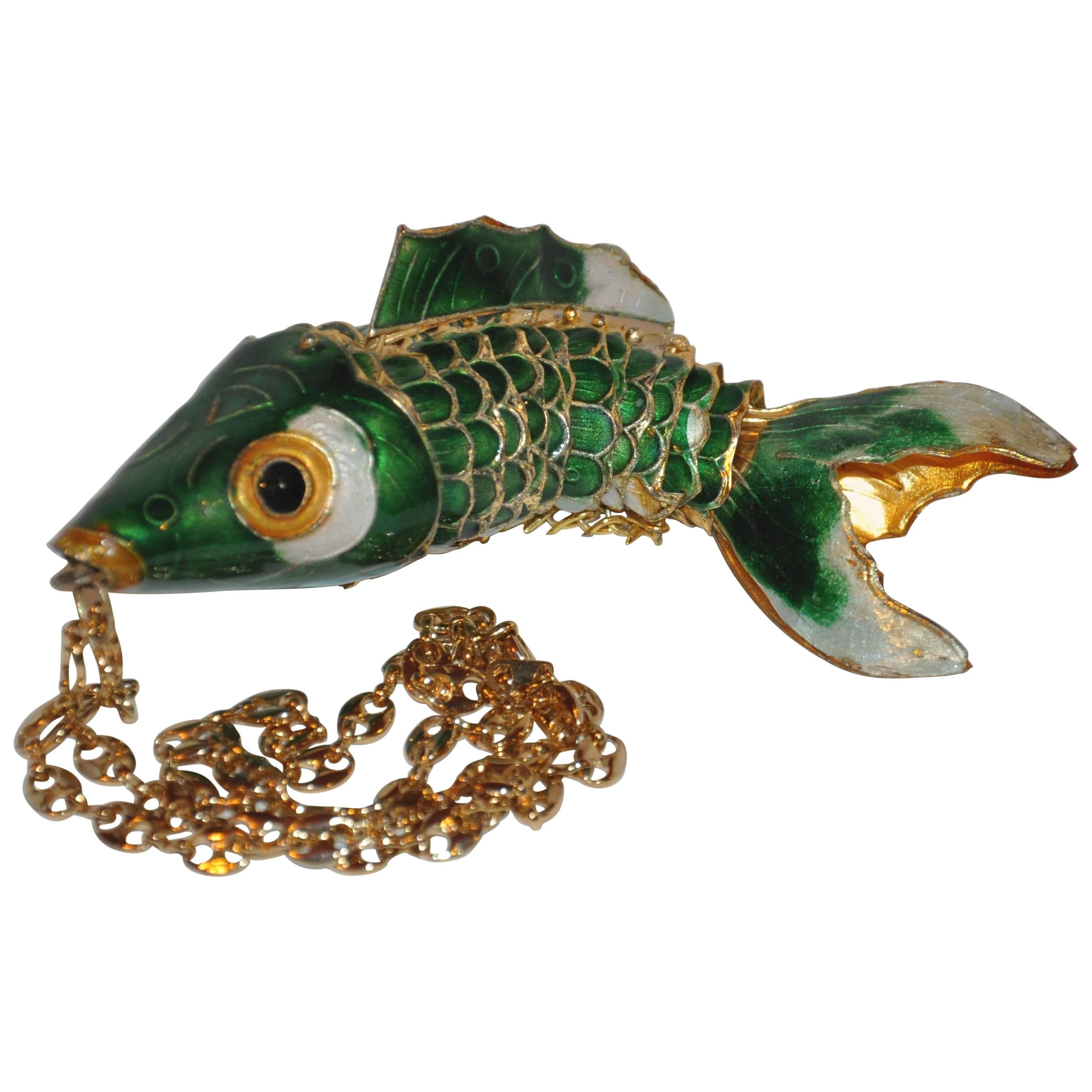 Large Gold Hardware Enamel Fish with Gucci-Style Links Necklace.