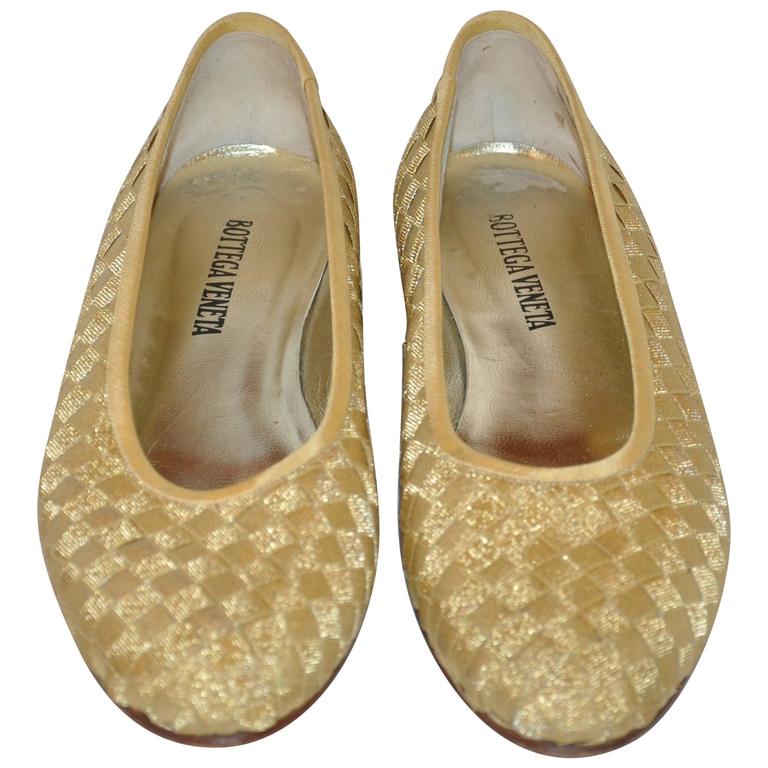 Bottega Veneta Signature Woven Gold Lame Wedge Flats For Sale at