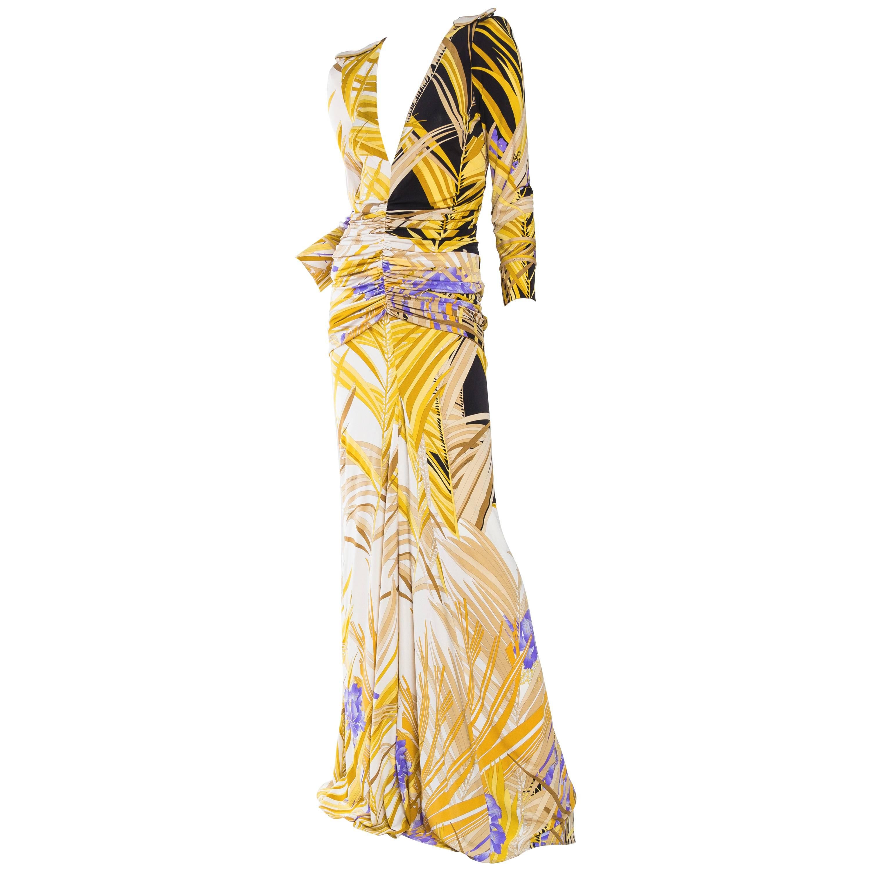 Leonard Style Silk Jersey Tropical Floral Low Cut Trained Gown With Sleeves For Sale