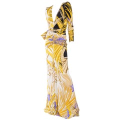 Leonard Style Silk Jersey Tropical Floral Low Cut Trained Gown With Sleeves
