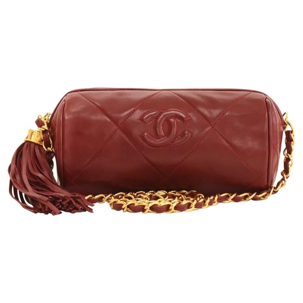 Vintage Chanel Dark Red Quilted Leather Fringe Mini Pouch Bag