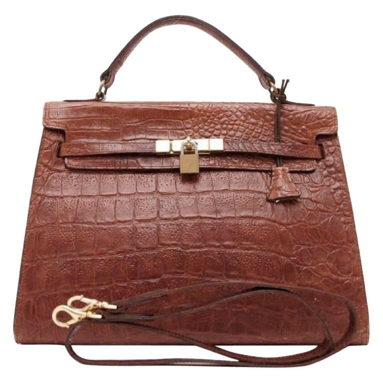 Vintage Mulberry croc embossed leather Kelly bag with shoulder strap. Roger Saul For Sale