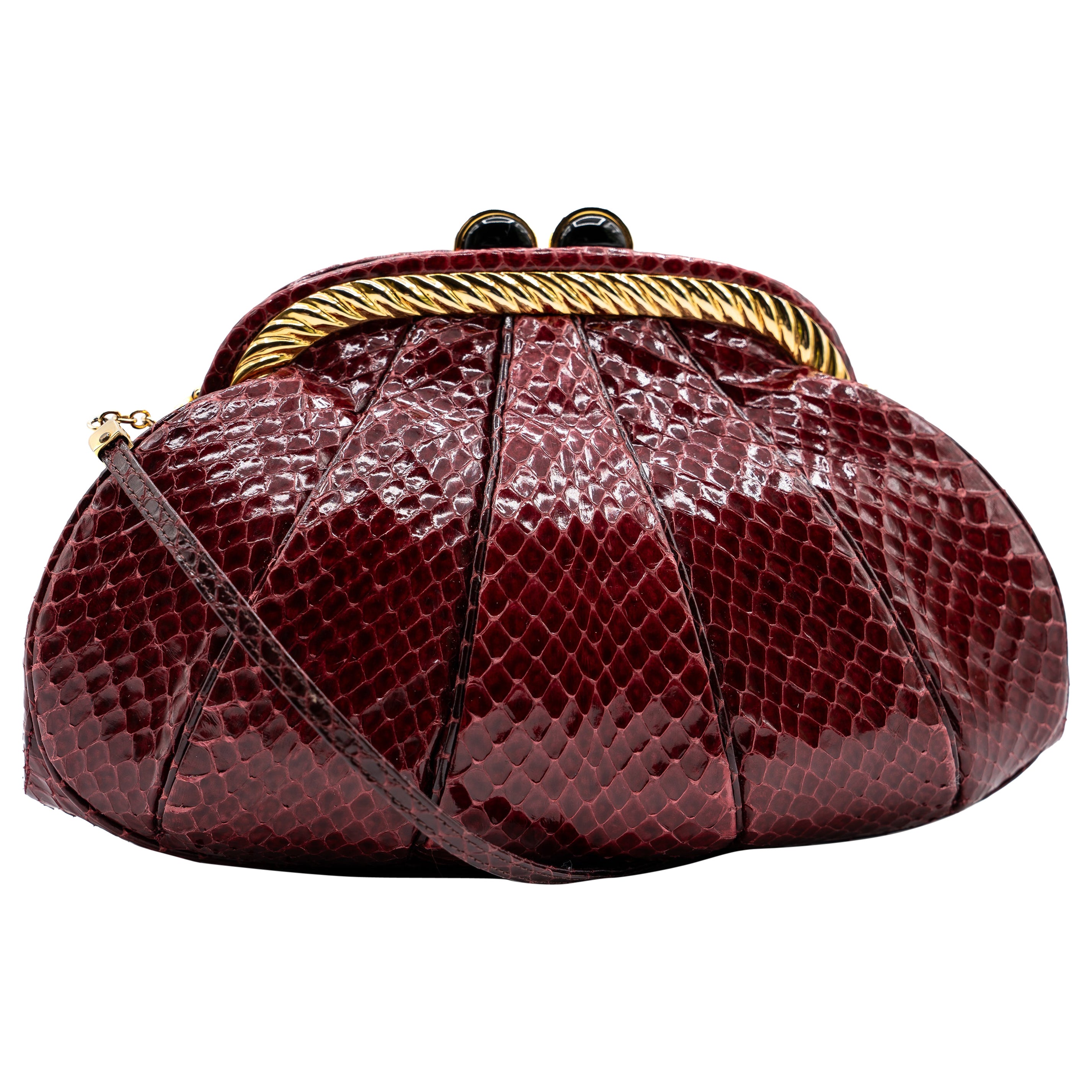 Judith Leiber Vintage Burgundy Snakeskin Gold Accent Handbag For Sale