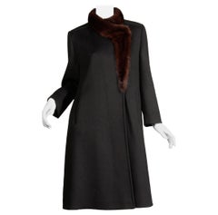 1970s Vintage Black Wool + Brown Asymmetric Mink Fur Classic Coat