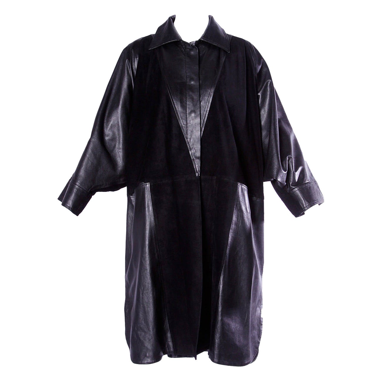 Jean Claude Jitrois Vintage 1980s 80s Black Leather Batwing or Cocoon Coat For Sale