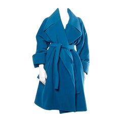 1990s Karl Lagerfeld Vintage Teal Blue Soft Angora Wool + Alpaca Trench Coat