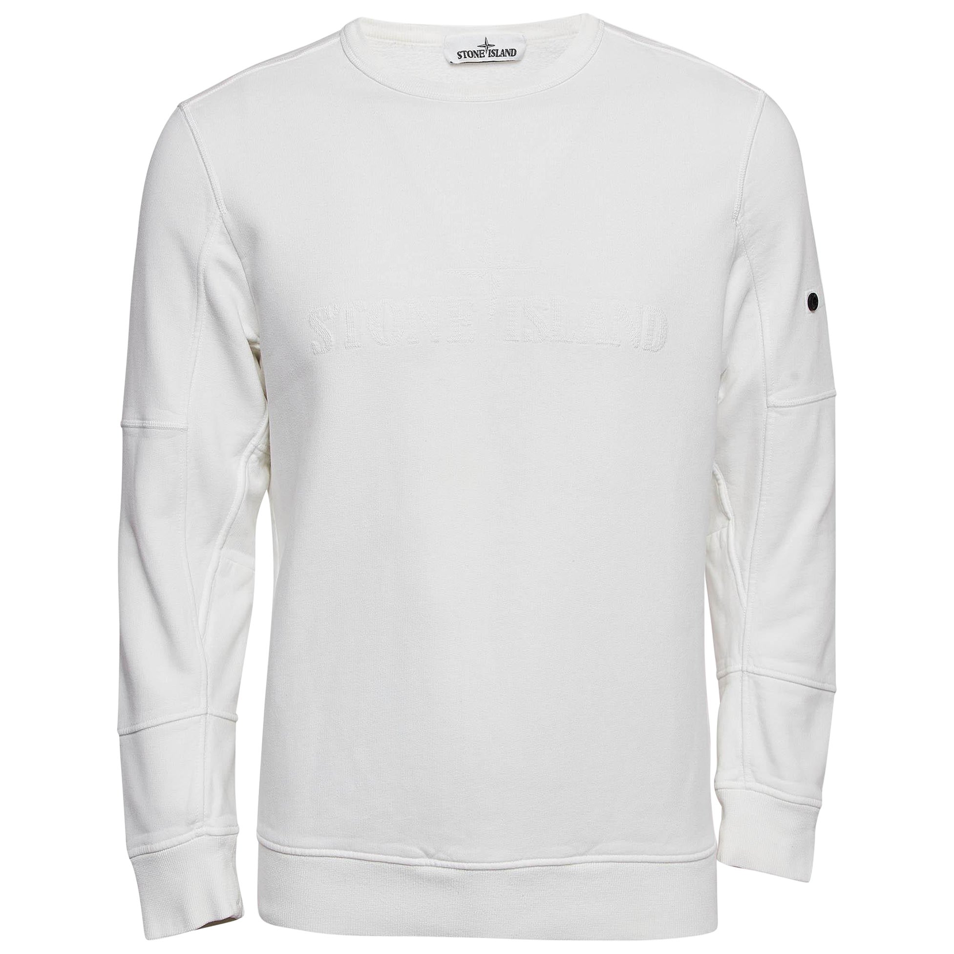 Stone Island White Logo Embroidered Cotton Sweatshirt M For Sale