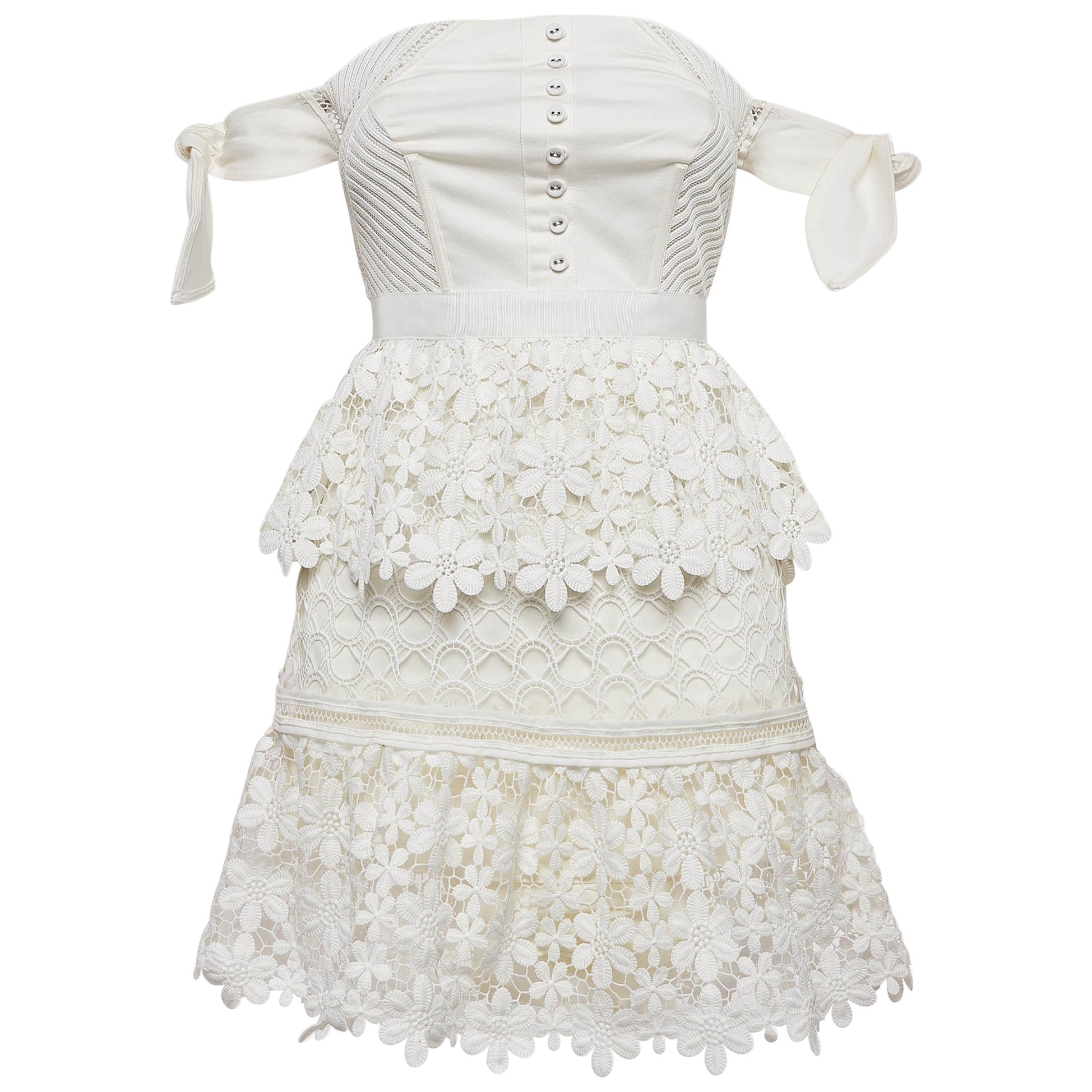 Self-Portrait White Mini Dress Off Shoulder in pizzo a righe S.S. White in vendita