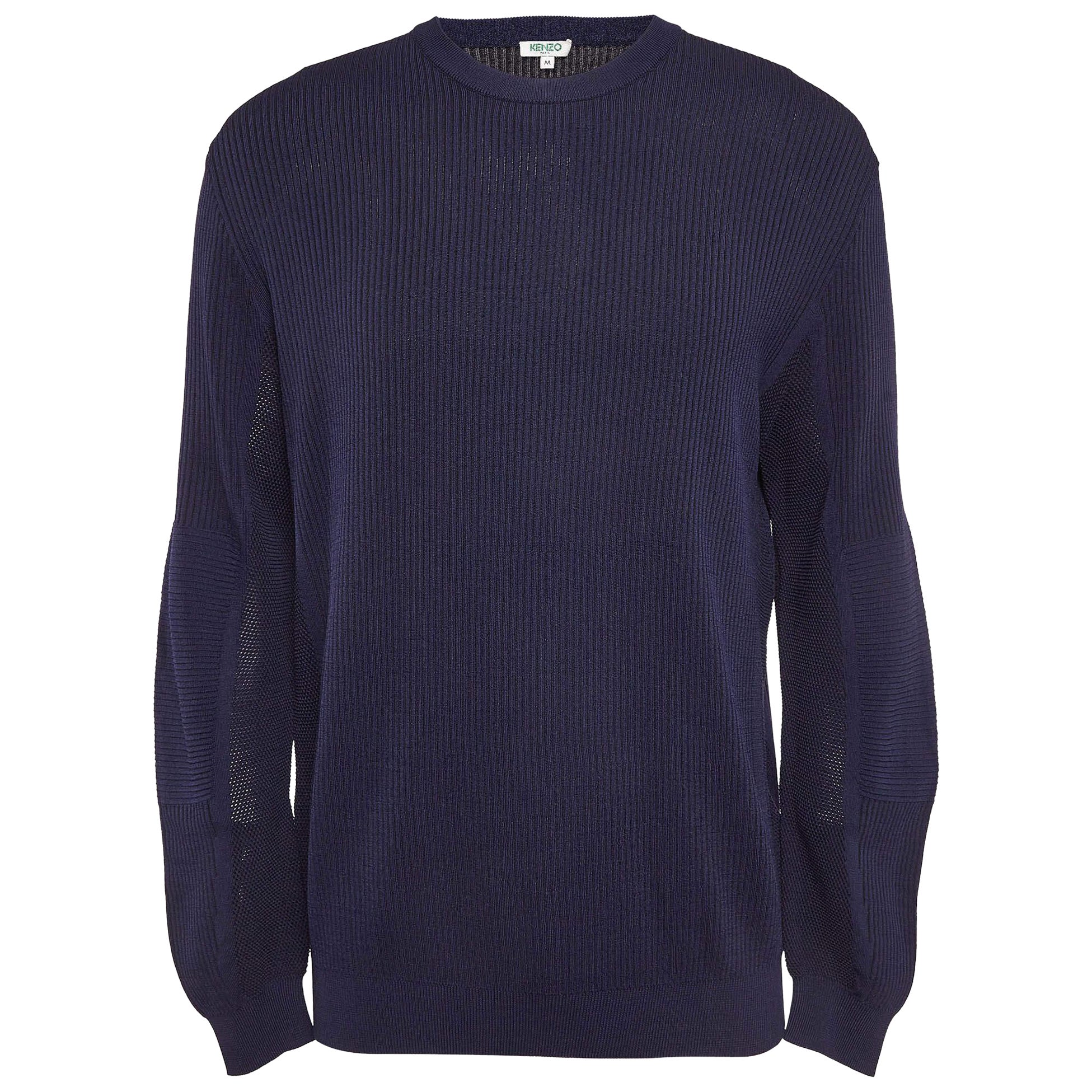 Pull Kenzo bleu marine en tricot côtelé Intarsia avec logo M