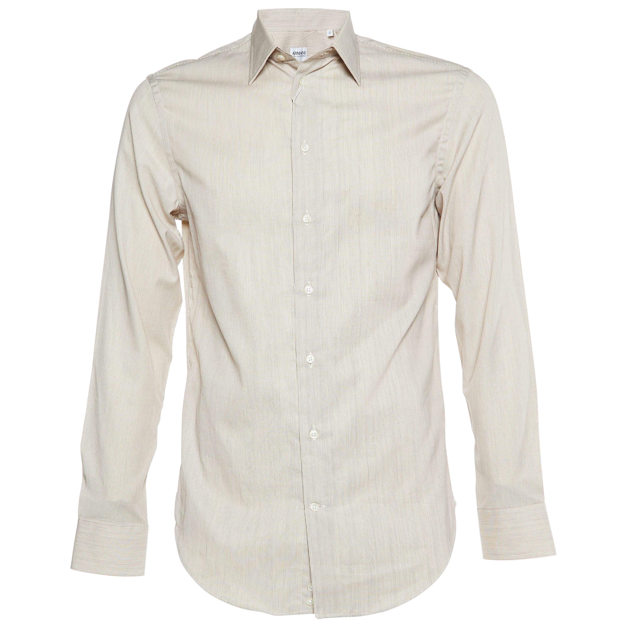 Armani Collezioni Beige Pinstripe Cotton Buttoned Up Shirt S For Sale