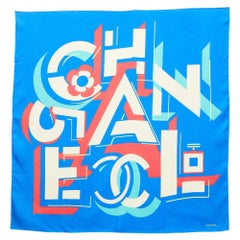 Chanel Blue Geometric Logo Print Silk Scarf
