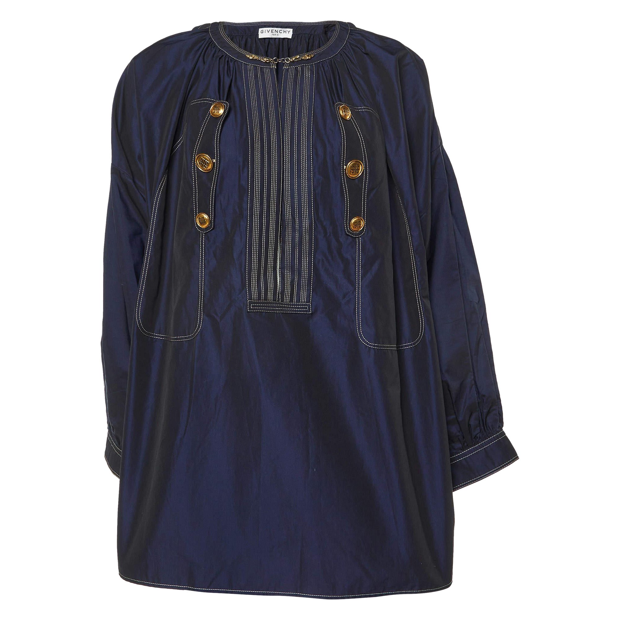 Givenchy Navy Blue Cotton Detailed Hook & Button Blouse L For Sale