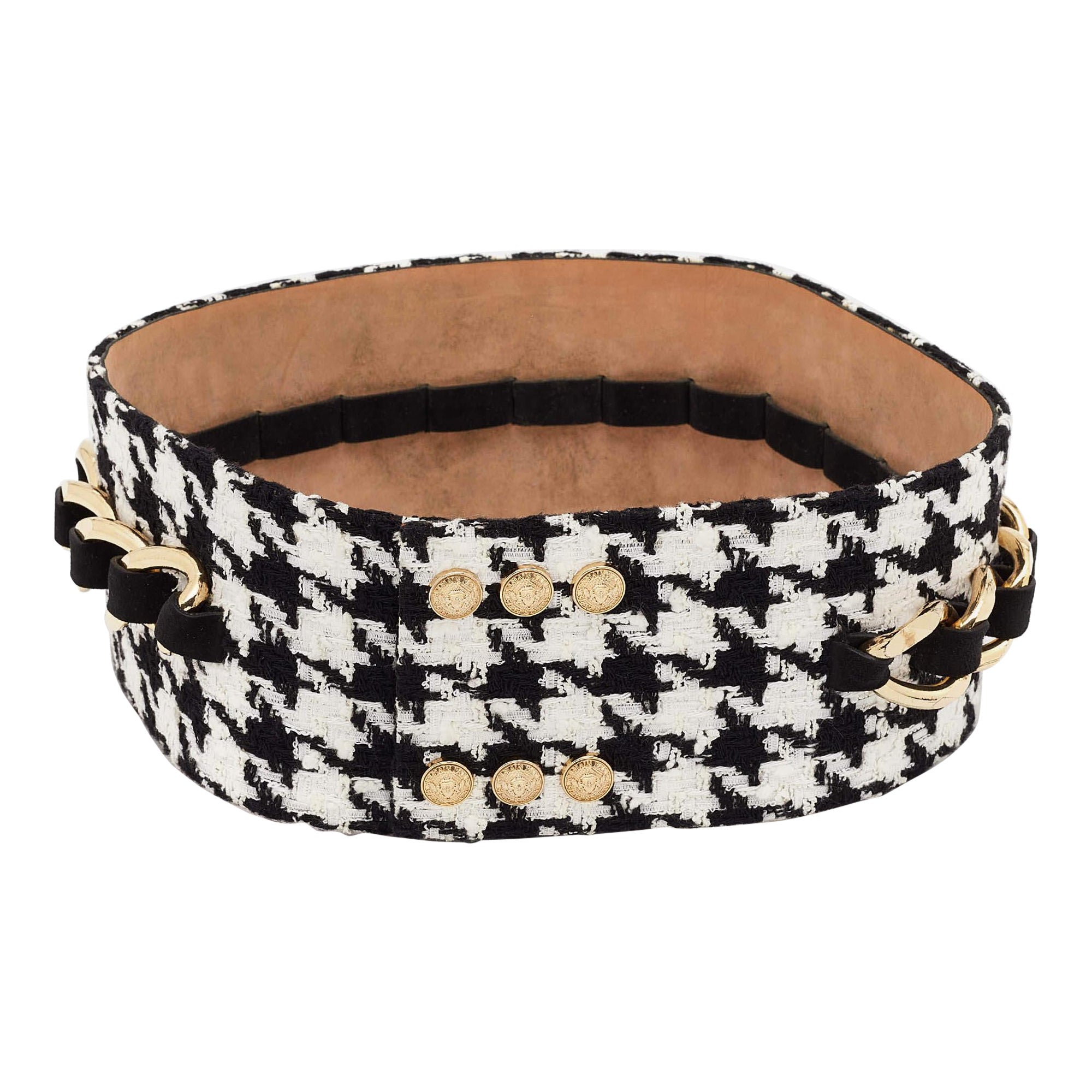 Balmain Black/White Tweed Chainlink Wide Waist Belt (ceinture large en tweed noir/blanc)