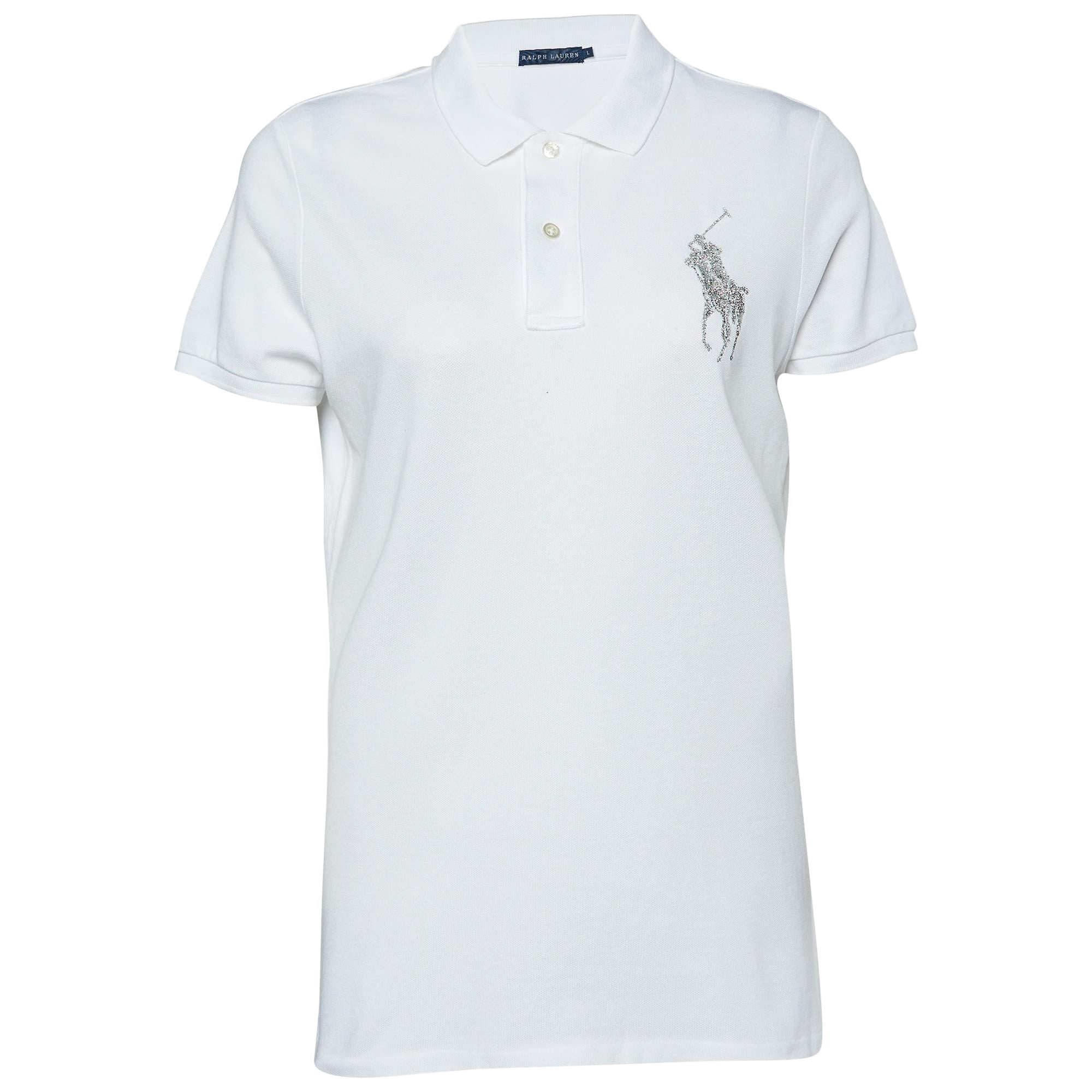 Ralph Lauren Weißes Polo-T-Shirt aus Baumwolle mit Pique-Logo-Verzierung L